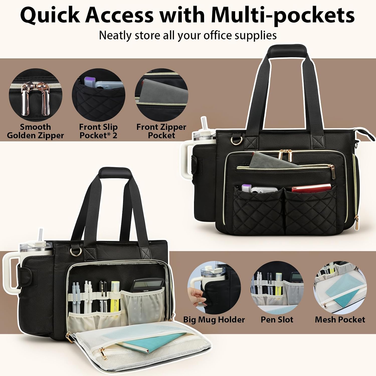 Veirdro Teacher Tote Bag for Women with Insulated Lunch Compartment& Leakproof Cup Holder, Waterproof Laptop Bag with 15.6 in Computer Compartment, Work Lunch Tote Bag for Nurse, Travel, College Black