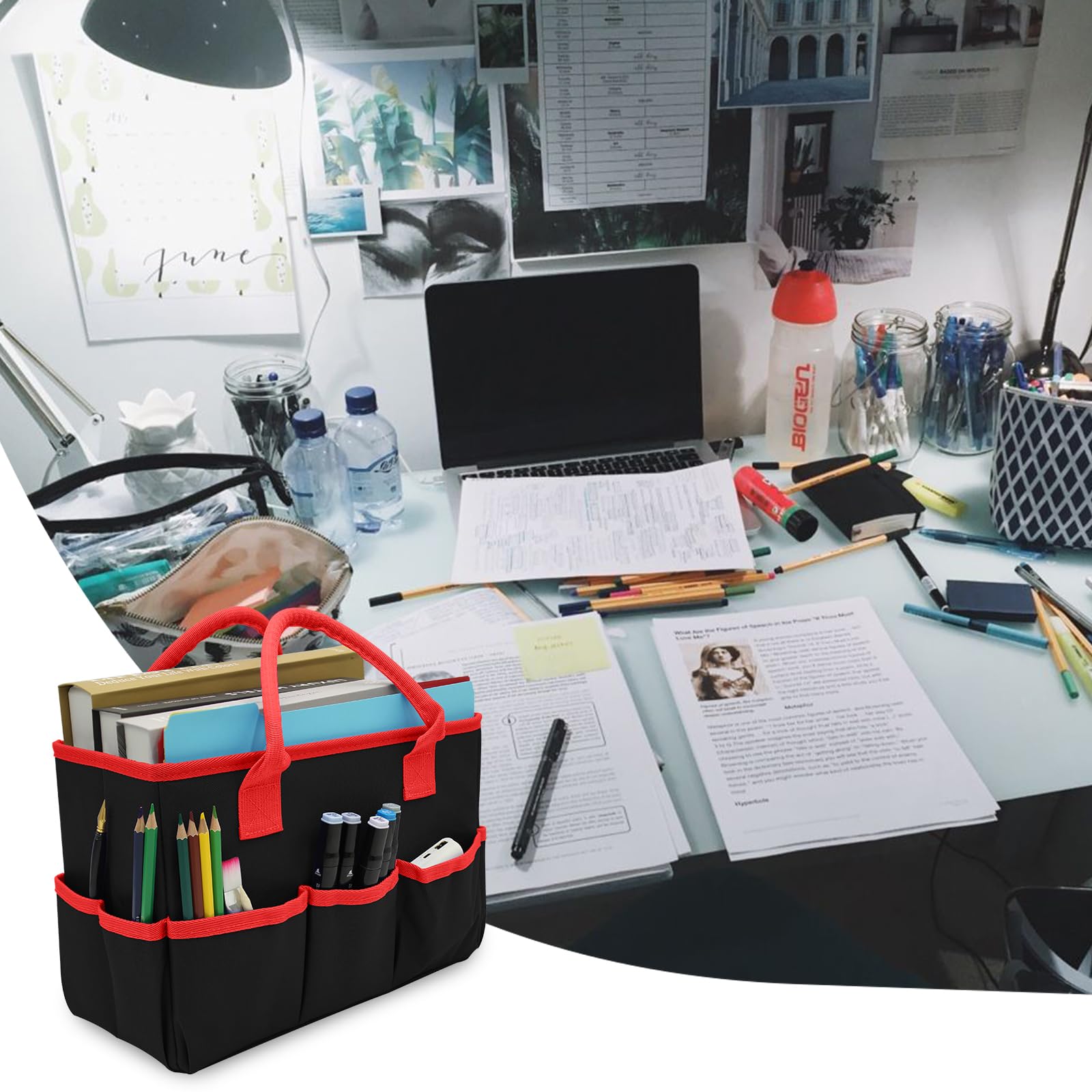 Bastel- und Kunsttasche für Zubehör mit Taschen, schwarze Oxford-Tragetasche für Künstler, Kinder, Lehrer, Organizer Aufbewahrung