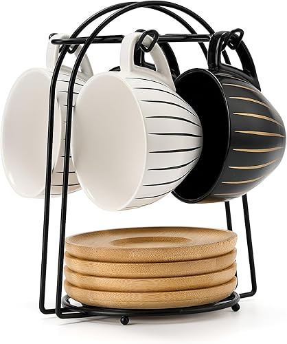 Miniatura 12 de LUKA - Tazas de café de cerámica con platillos y soporte de metal, 4 onzas, tazas de porcelana demitasse para espresso, latte, café, café moca, té,