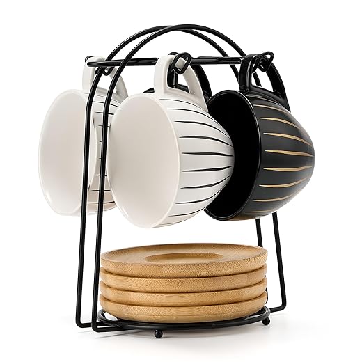 LUKA Ceramic Demitasse Espresso Cups Set with Saucers and Metal Stand, 8 oz Porcelain Cappuccino Cups Teacup For Tea, Espresso, Latte, Coffee, Cafe Mocha, Set of 4, Stripe White & Black
