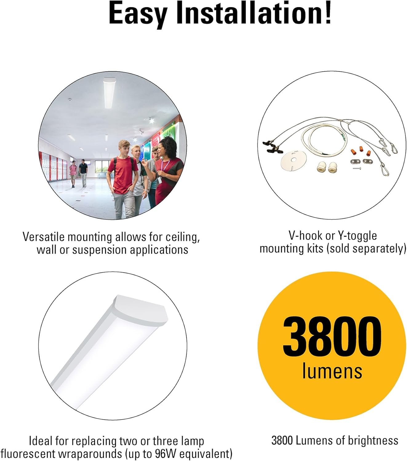 Metalux 4 ft. Integrated LED Wraparound Ceiling Light 3800 Lumens Dimmable 3CCT Selectable 3000K/3500K/4000K White Surface Mount Lighting Fixture 4NW35C3R