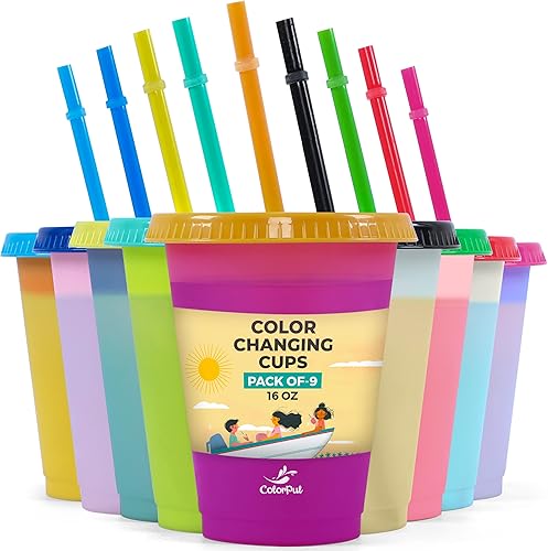 Vasos para niños con pajitas y tapas, 9 paquetes de 16 onzas, taza que cambia de color, taza de plástico aislada gruesa y reutilizable con tapas y