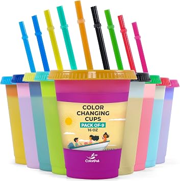 Kids Cups with Straws and Lids- 9 Packs 16 oz- Color Changing Cup - Thick Reusable Insulated Plastic Cup with Lids and Straws for Coffee Cups, Smoothie Cup