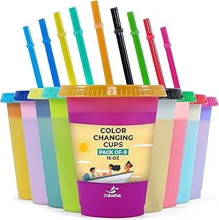 Kids Cups with Straws and Lids- 9 Packs 16 oz- Color Changing Cup - Thick Reusable Insulated Plastic Cup with Lids and Straws for Coffee Cups, Smoothie Cup