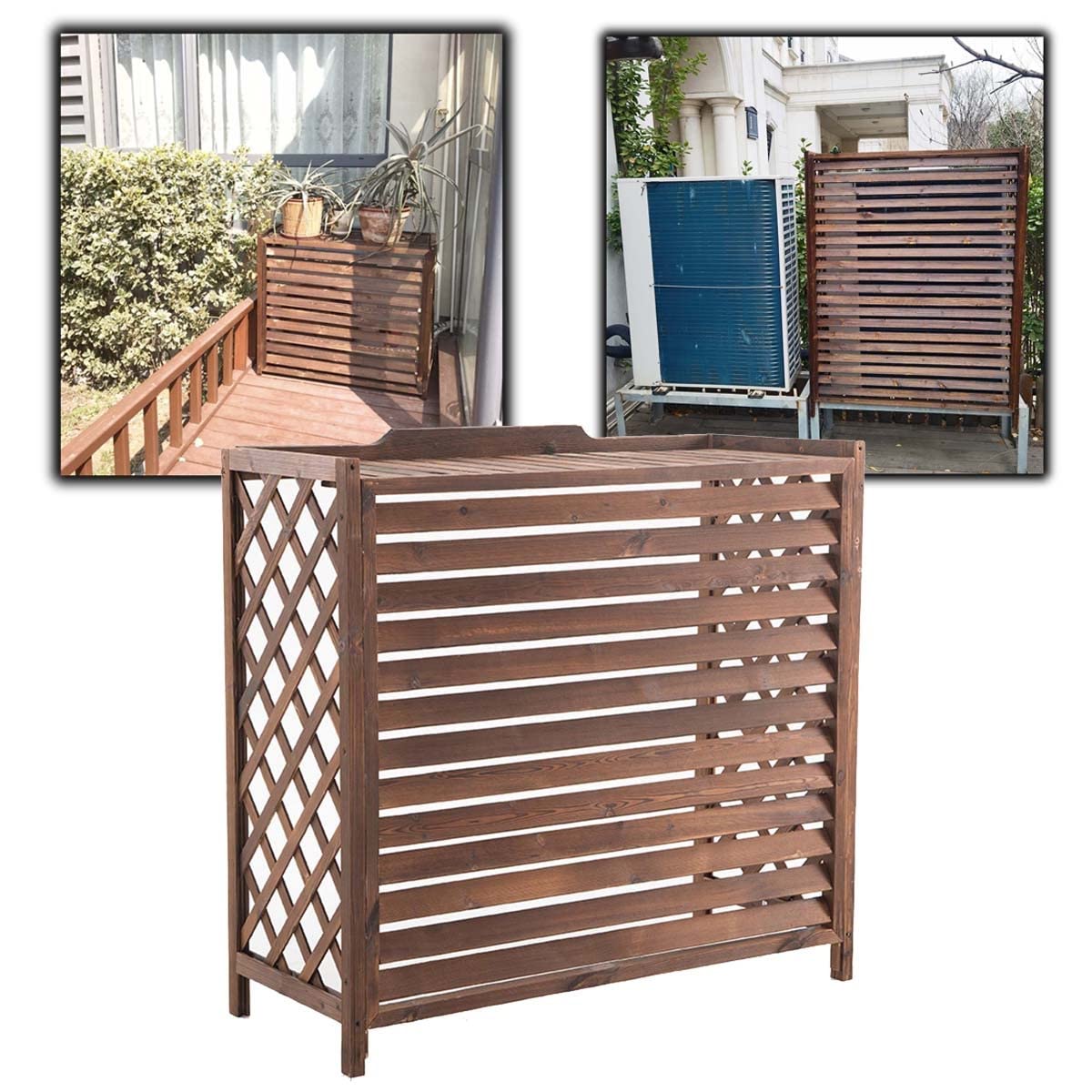 Cache-climatiseur extérieur bois persienne étagère plantes 85cm