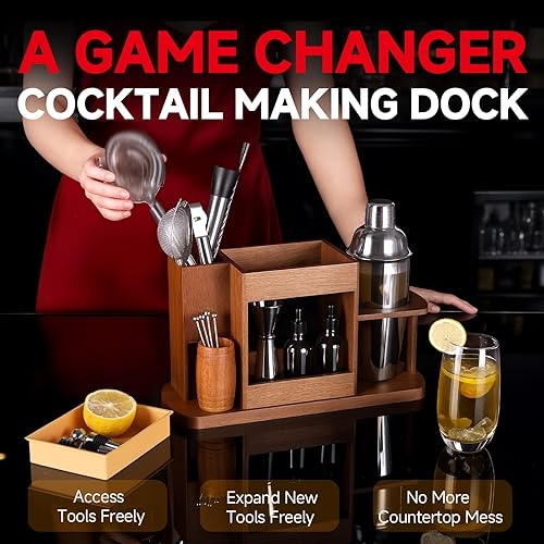 Miniatura 3 de Lexenic Cocktail Making Dock, 23-Piece Cocktail Shaker Set with Versatile Wooden Stand, Easy Access Stainless Steel Bartender Kit All-in-One Home
