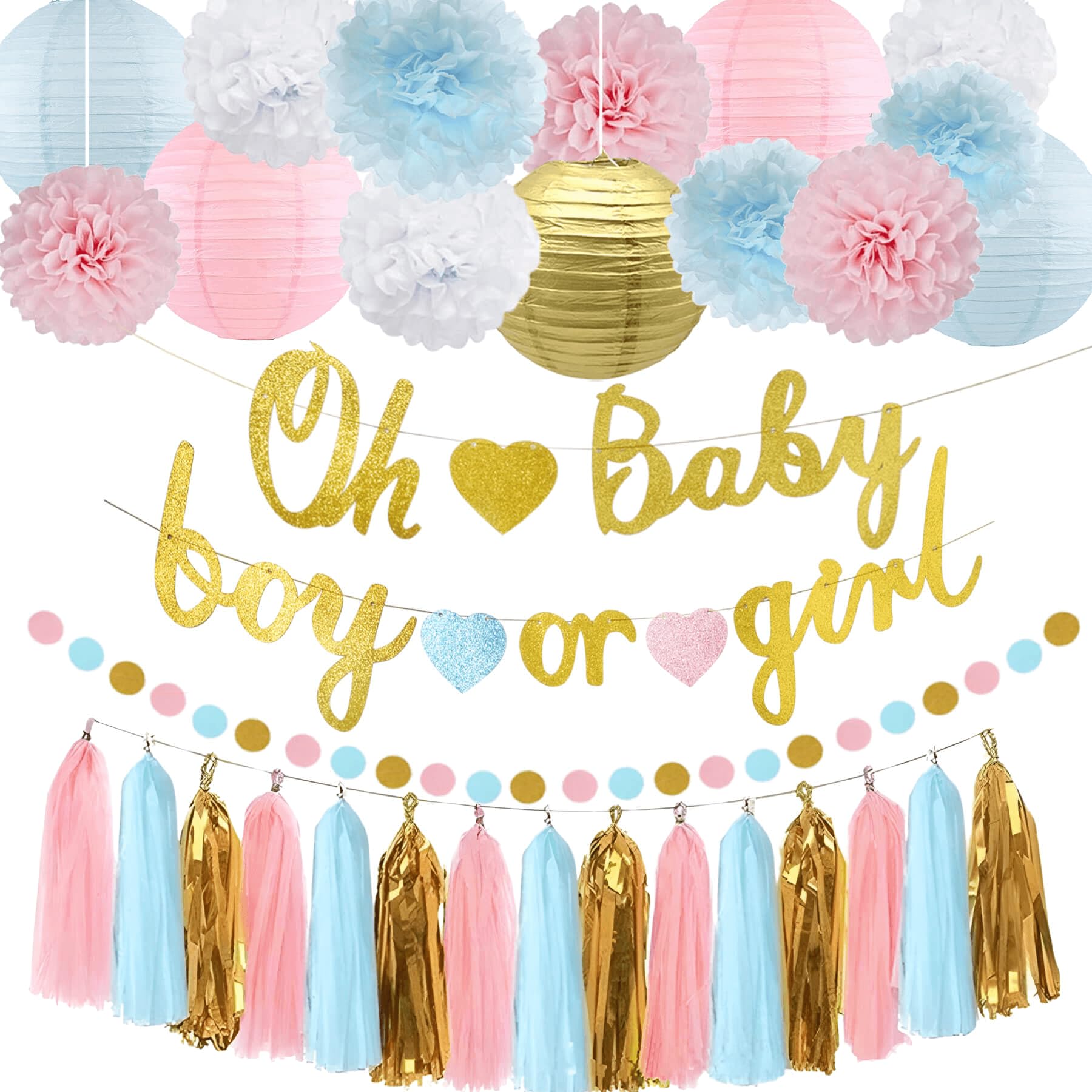 Baby Gender Reveal Decorations Kit- Oh Baby Boy or Girl Banners, PomPoms, Lanterns, Circle Dot & Tassels Garland- Pink and Blue Theme Party Supplies
