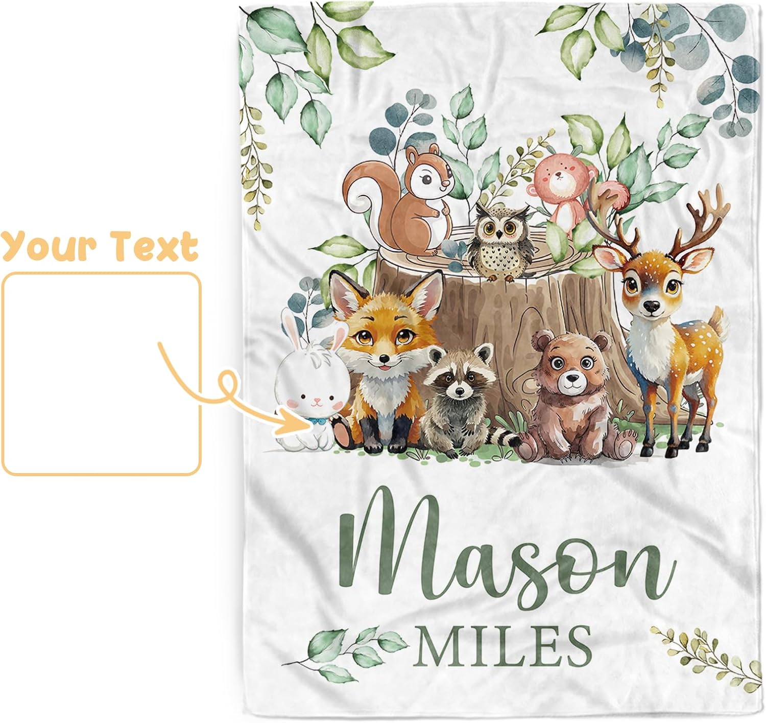 Terwex Custom Baby Blanket with Name, Customized Blanket for Newborn Boys Girls, Forest Animals Flannel Double Layer Dotted Backing Receiving Swaddle, Cute Keepsake Gifts for New Parents(47"x60")