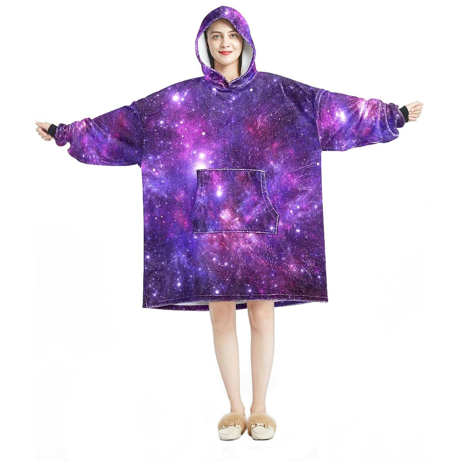 Oversized Hoodie Blanket Sweatshirt, Sherpa Flannel Wearable Blanket Hoodies with Pocket for Adults Men Women, Purple Galaxy