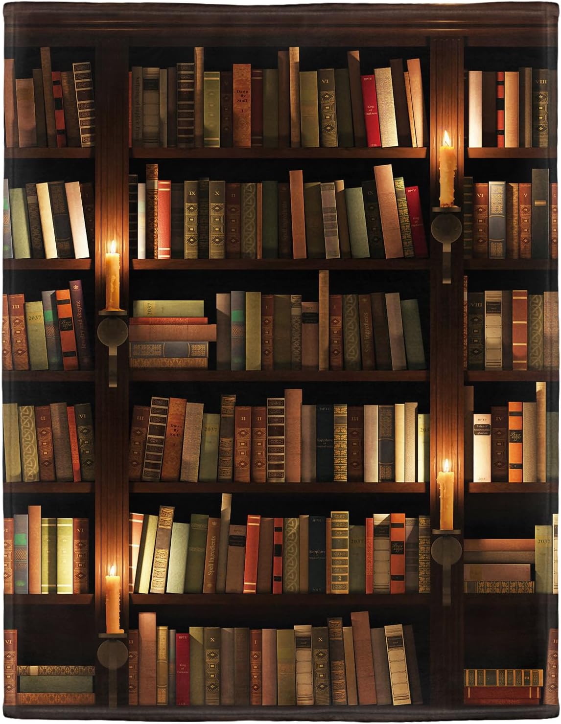 Blanket with Books on It, Soft Warm Fleece Throw Blankets for Book Lovers Gift Ideas, Vintage Library Bookshelf Candlelight, 60"x80" 60" x 80"