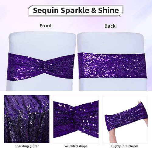 Miniatura 3 de Poise3EHome Correas de silla de lentejuelas moradas plegables con lazo para decoración de recepción de bodas, fiestas, 20 unidades