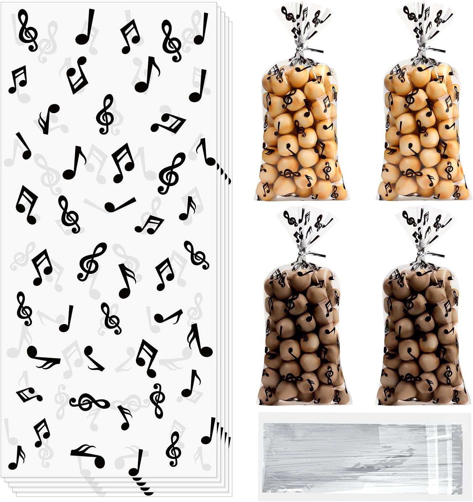 Kosiz 100 Pcs Music Notes Treat Bags, Musicl Cellophane Goodie Bags Bulk, Musical Theme Plastic Candy Bag with Silver Twist Ties for Piano Band Birthday Party Favor