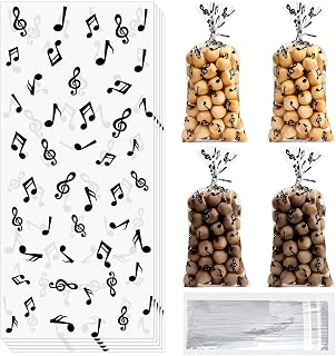 100 Pieces Music Notes Cellophane Goodie Bags Musical Theme Treat Bags Plastic Musical Party Candy Bags with Silver Twist Ties for Band Birthday Party Favor Supplies Dessert Pastry Decoration