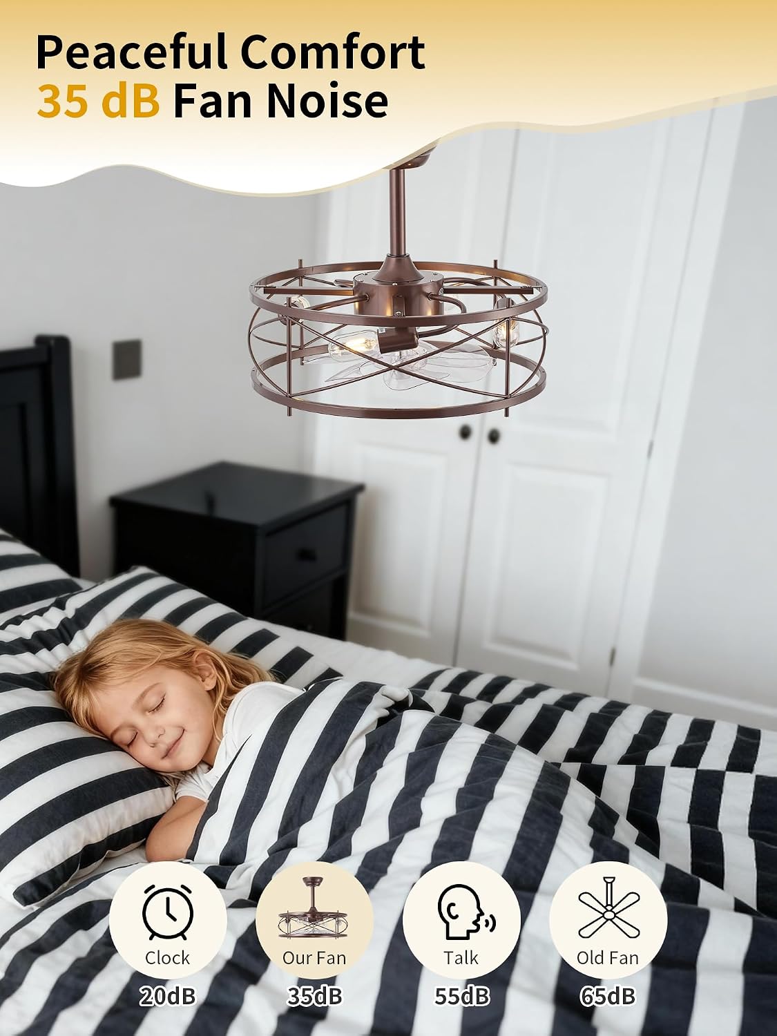 20" Farmhouse Fandelier Ceiling Fan with Light, Caged Bladeless Ceiling Fans with Lights and Remote, Rustic Small Enclosed with 6 Speeds for Bedroom, Kitchen, Living Room, Brown
