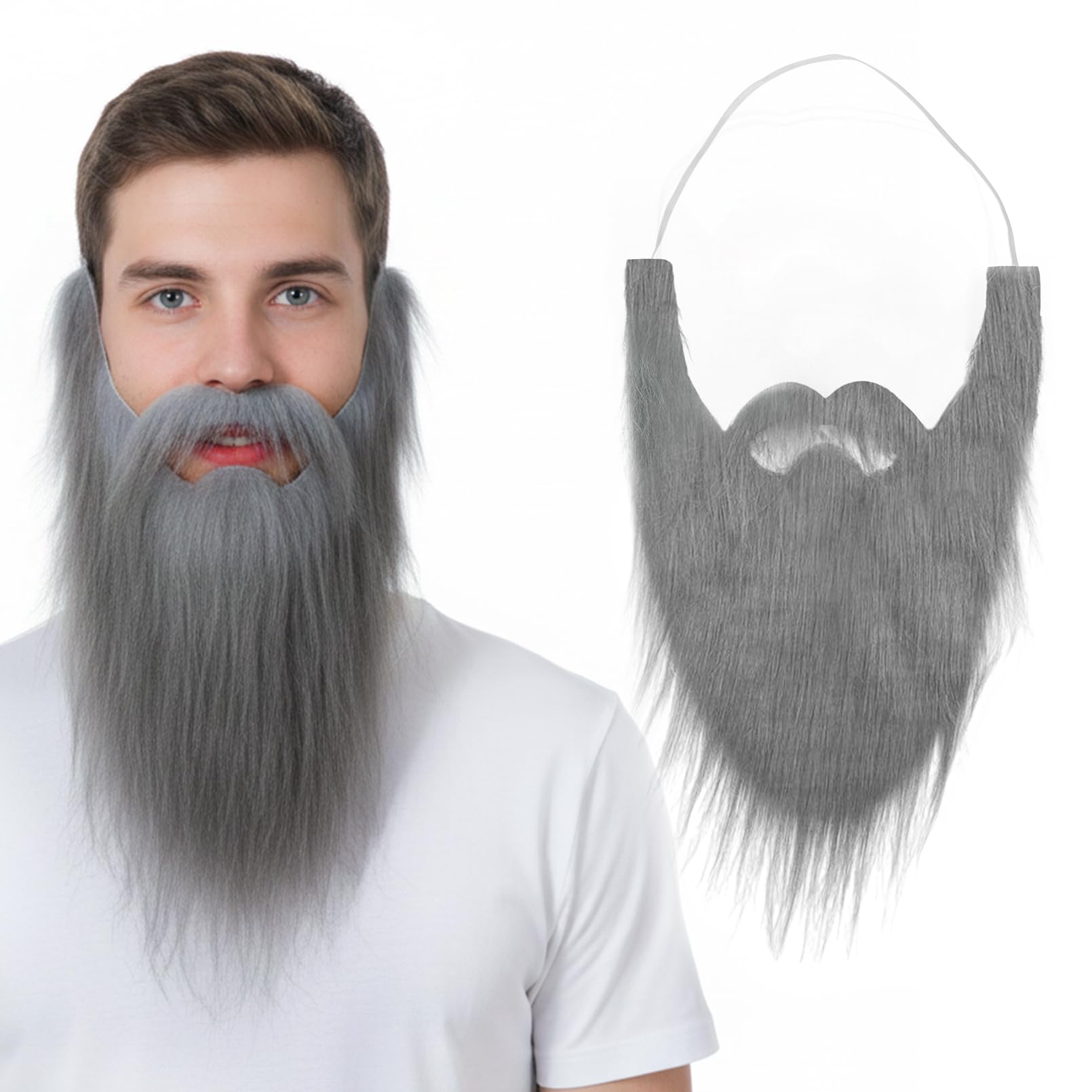 Tgsedr Men Long Fake Beard Fake Moustache Grey Beard for Christmas Cosplay Masquerade Ball Costume Party Supplies