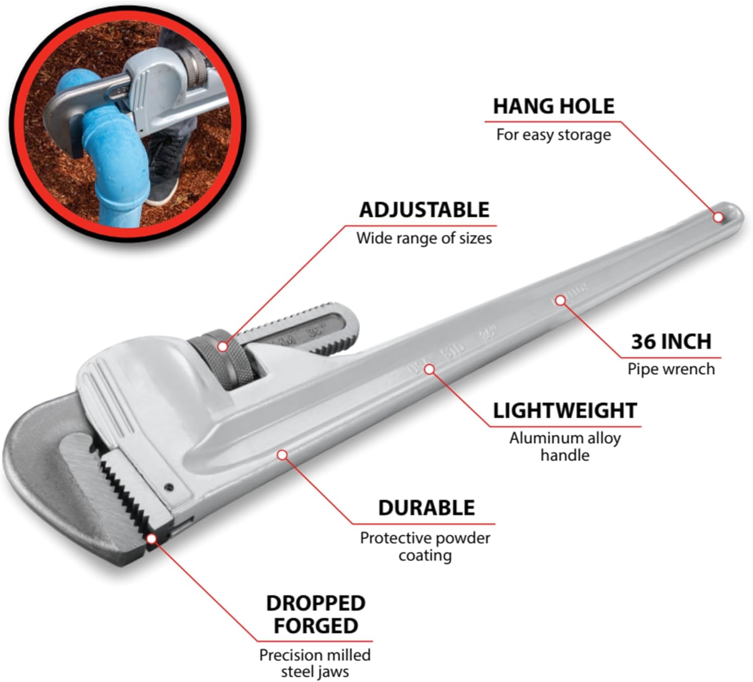 Performance Tool W2136 Aluminum Heavy-Duty Adjustable Straight Pipe Wrench, 36-inch