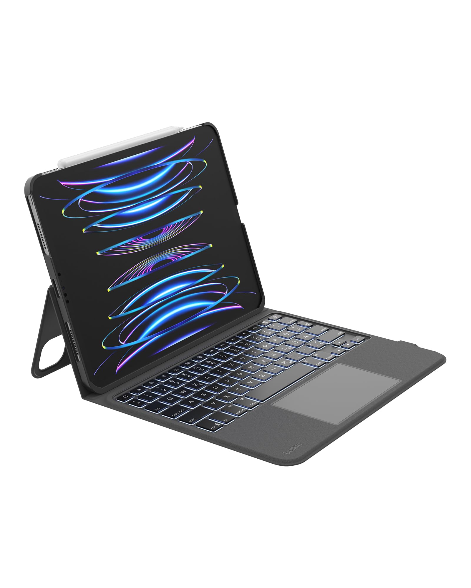 Belkin Everyday Tastatur BBZ001de-v1 – beleuchtete Tastatur mit Hülle, großem Trackpad und Apple Pencil Halterung