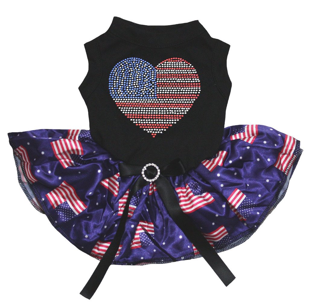 Petitebella Rhinestones USA Heart Puppy Dog Dress (Black/US Flags, X-Small)