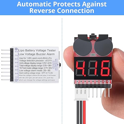 Miniatura 5 de CAMWAY Probador de voltaje de batería Lipo, 5 unidades, 2 en 1, 1-8s, alarma de zumbador de bajo voltaje, probador de monitor de batería para 1-8s