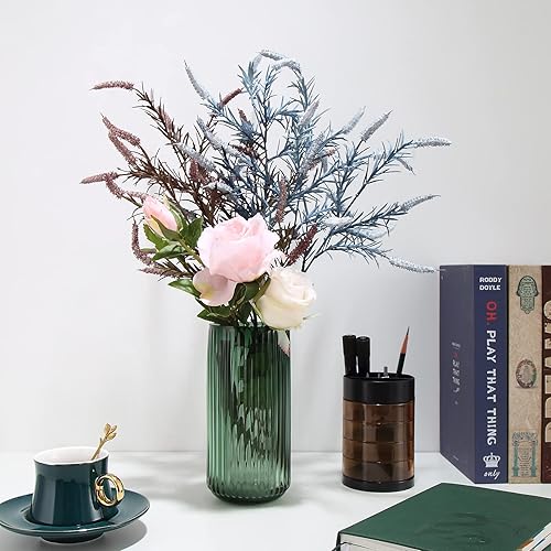 Miniatura 5 de Florero cilíndrico pequeño de cristal verde acanalado para decoración de centros de mesa de comedor de granja