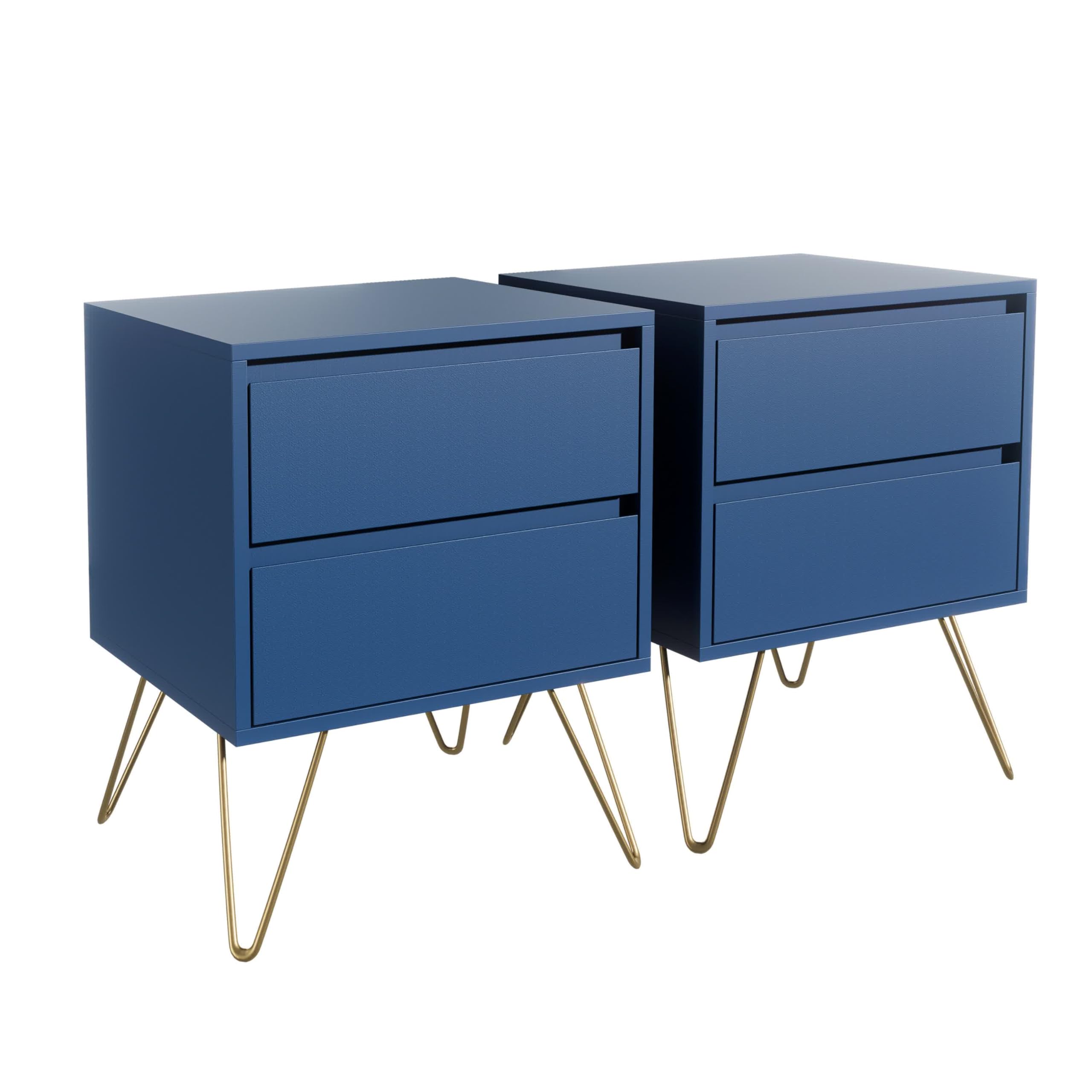Garvis Home Nachttisch 2er Set, Nachtschrank mit 2 Schubladen, MDF Nachtkonsole mit goldenen Hairpin-Legs, Retro Beistelltisch für Boxspringbett, inkl. Kippschutz (Marineblau)