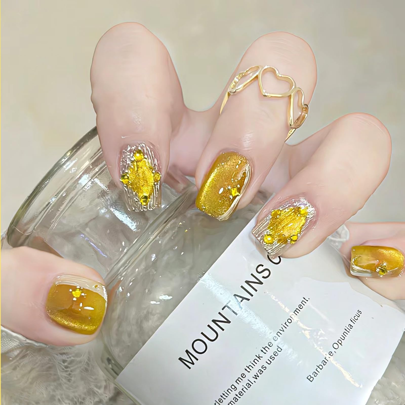 Crystal Cat Eye Gel Polish Kits Magnetic Nail Polish Set Holographic Cats Eyes Gel Nail Polish Shiny Diamond Glitter Gel with Magnet Stick (Golden Yellow)