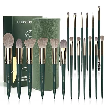 LULUCOLORS 18-Piece Makeup Brush Set with Holder Case Complete Makeup Brush Collection for Flawless Makeup Application -Soft Bristles Green