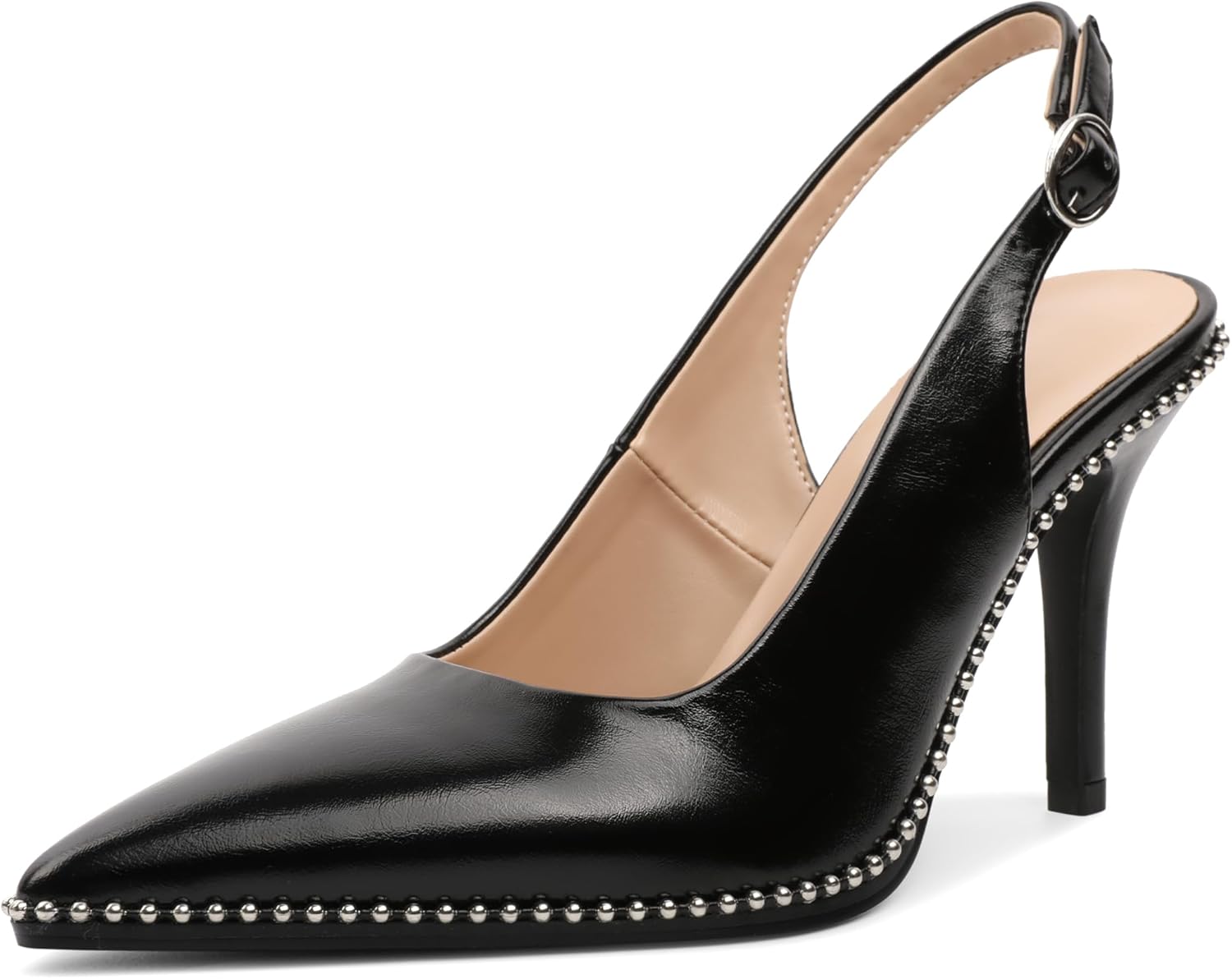 Zamikoo Women Beaded Pumps High Heel Slingback Pointed Toe Slip On 3.5 Inch Stilettos Ankle Strap Adjustable Buckle Patent Leather US Size 5 -Size 13