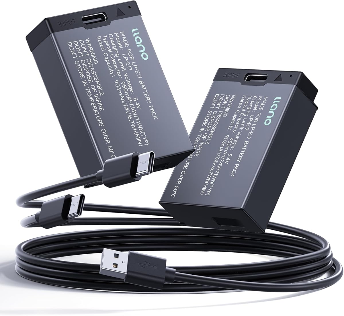 llano LP-E17 Battery with USB-C Fast Charging for Canon EOS R50 R8 R10 R100 RP T6i T7i T8i T6S SL2 SL3 M3 M5 M6 77D 200D 250D 750D 760D 800D 8000D - Real Capacity,Replacement Batteries(2 Pack)
