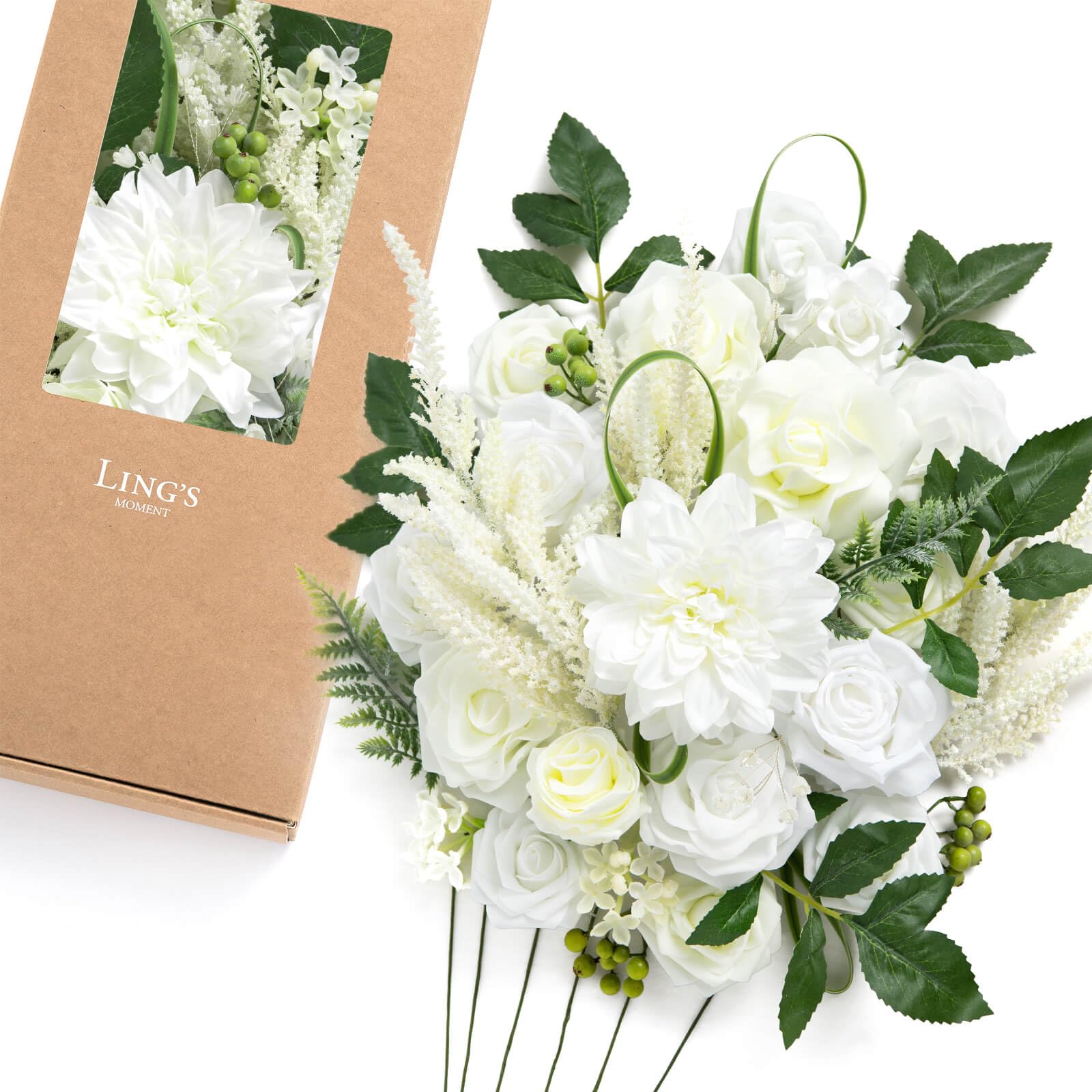 Ling's MomentFake Flowers Box, Artificial Faux Greenery Stems Silk Dahlias Foam Roses for Wedding Bouquets Centerpieces Decorations Backyard Floral Arrangement, White & Olive Green, Deluxe Combo