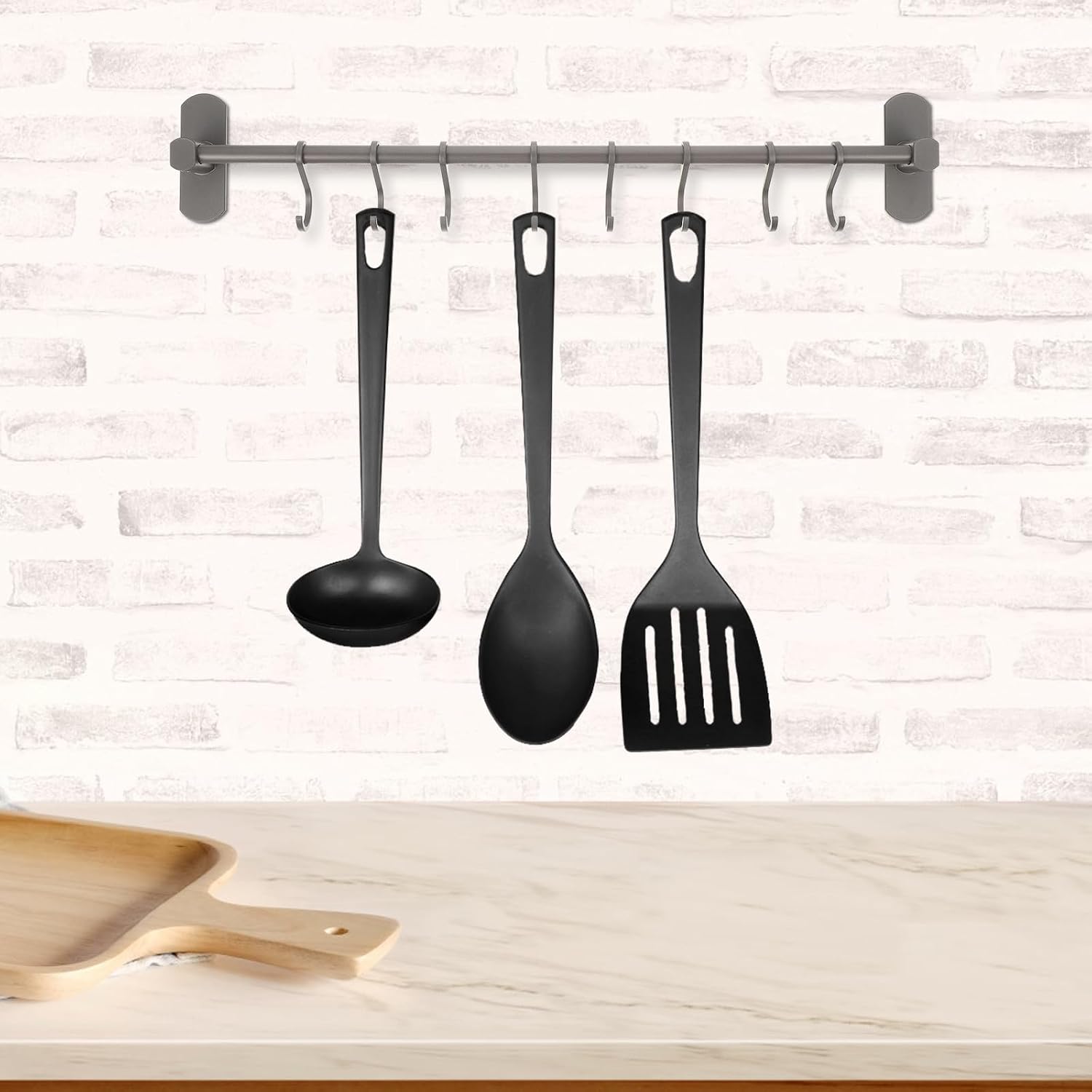 Wakauto Space Aluminum Kitchen Utensil Hooks Rack, 49.5cm Wall-Mounted Multifunctional Home Supplies Row Hook for Kitchen Gadgets and Spoon Storage, Gunmetal Gray image 4