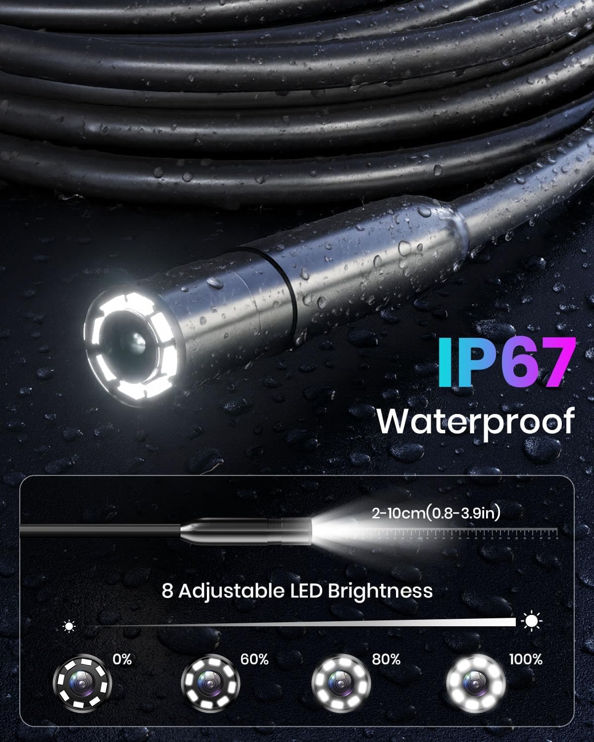 Endoskopkamera mit Licht, Endoskop mit 4,3 Zoll IPS-Bildschirm, 1080P HD mit 8 LED-Lichtern, halbstarrer Kabelbohrungsbereich, Gadgets für Männer & Werkzeuge für Männer (10M)