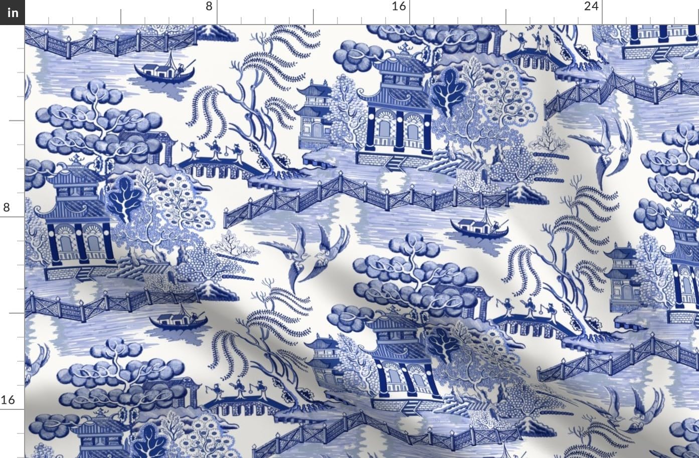 Spoonflower Fabric - Pagoda Chinoiserie Blue Toile Chinese Botanical Garden Willow Printed on Organic Cotton Sateen Fabric by The Yard - Sewing Quilting Apparel Home Decor