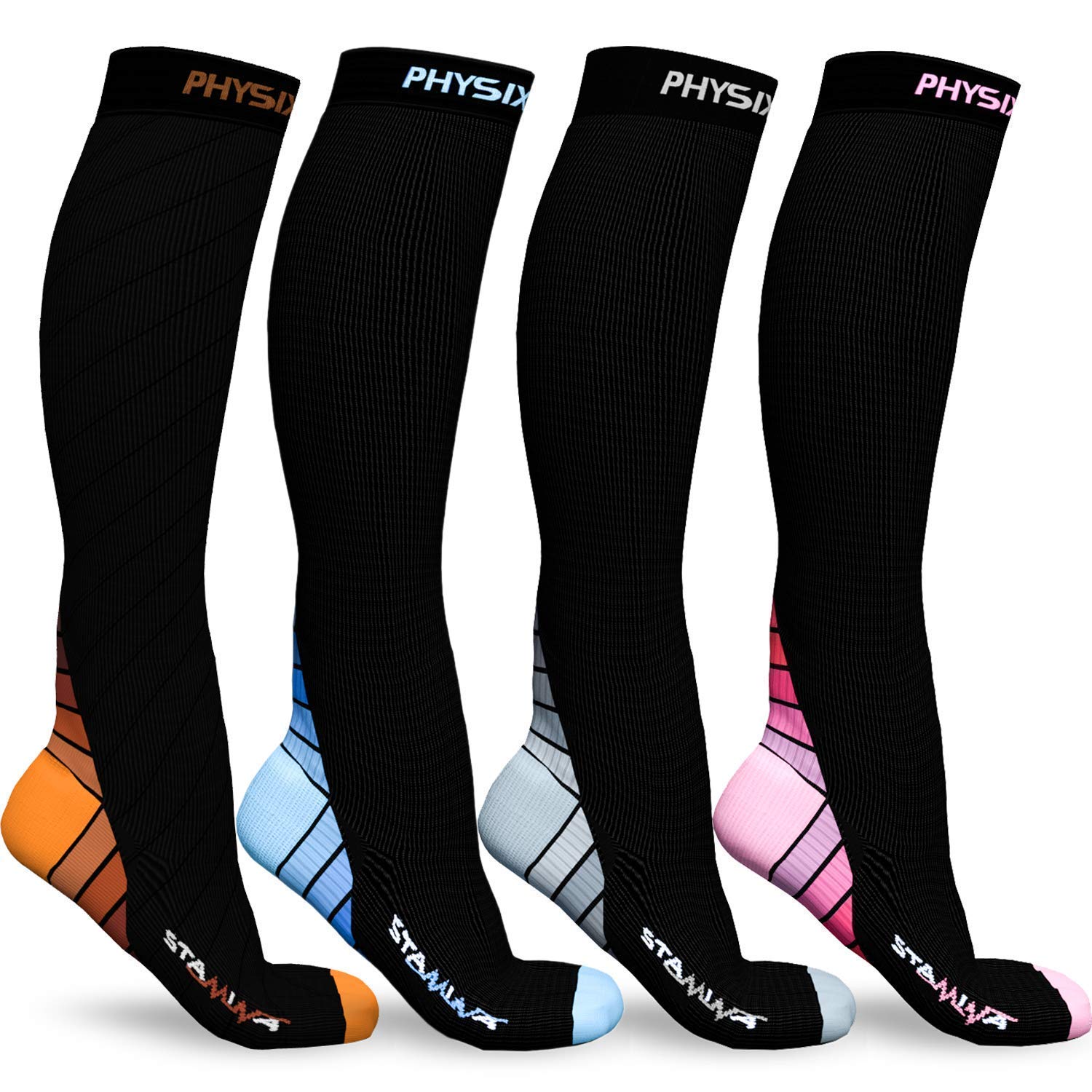 Physix Gear Sport 4 Pairs of Compression Socks for Men & Women in (Black/Grey + Black/Pink + Black/Blue + Black/Orange) S-M Size