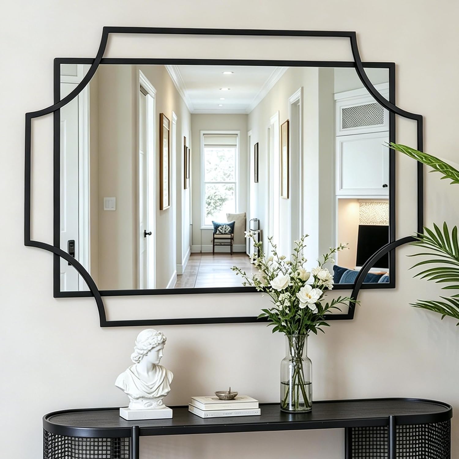 Black Wall Mirrors for Decor, 40''X28'' Large Bathroom Mirror for Vanity with Black Metal Frame, Modern Scalloped Mirror for Entryway, Dining Room, Living Room