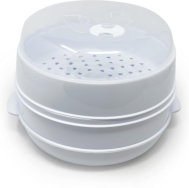 Microwave Vegetable Steamer Pasta Rice Fish Steaming Pot Healthy Eating, Kitchen Steamer Microwave-Safe Pan w/Lid Stackable Baskets for Vegetables or Meats (Double Layer Steamer)
