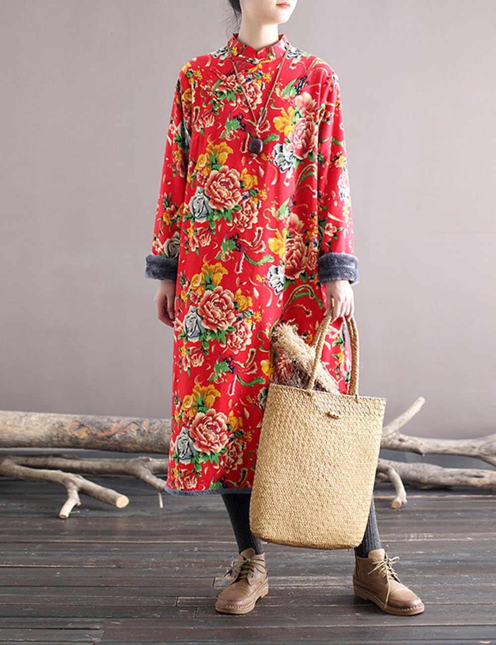 Ystylee Women Chinese Traditional Northeast Flower Cheongsam Dress Winter Fleece Lined Qipao with Pocket
