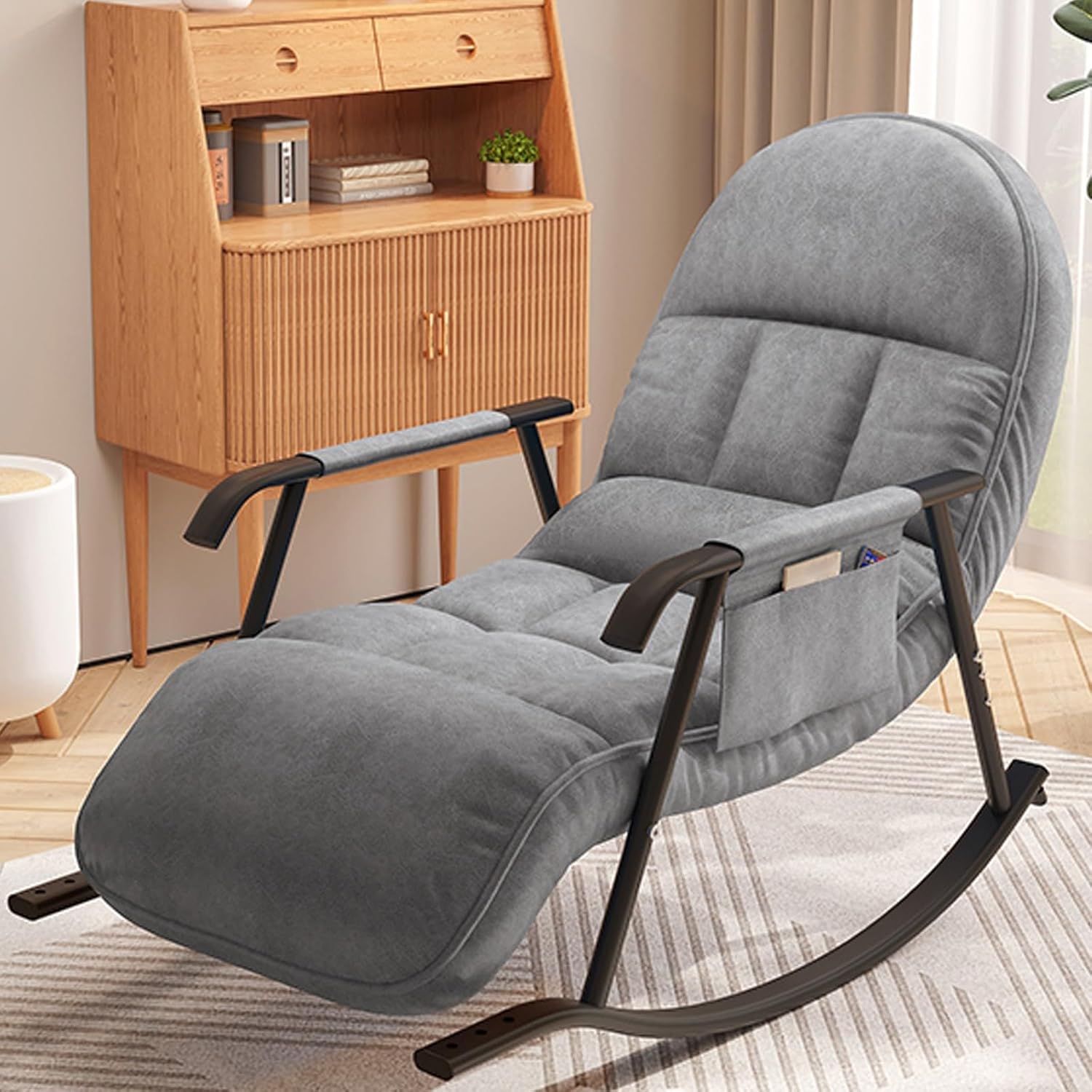 Rocking Outdoor Lounger Chair Chaise Lounge Zero Gravity Rocker,Modern Glider Rocking Chair with Padded Cushion 300lbs Support Comfy Reading Chair for Bedroom Living Room Home Offices Grey