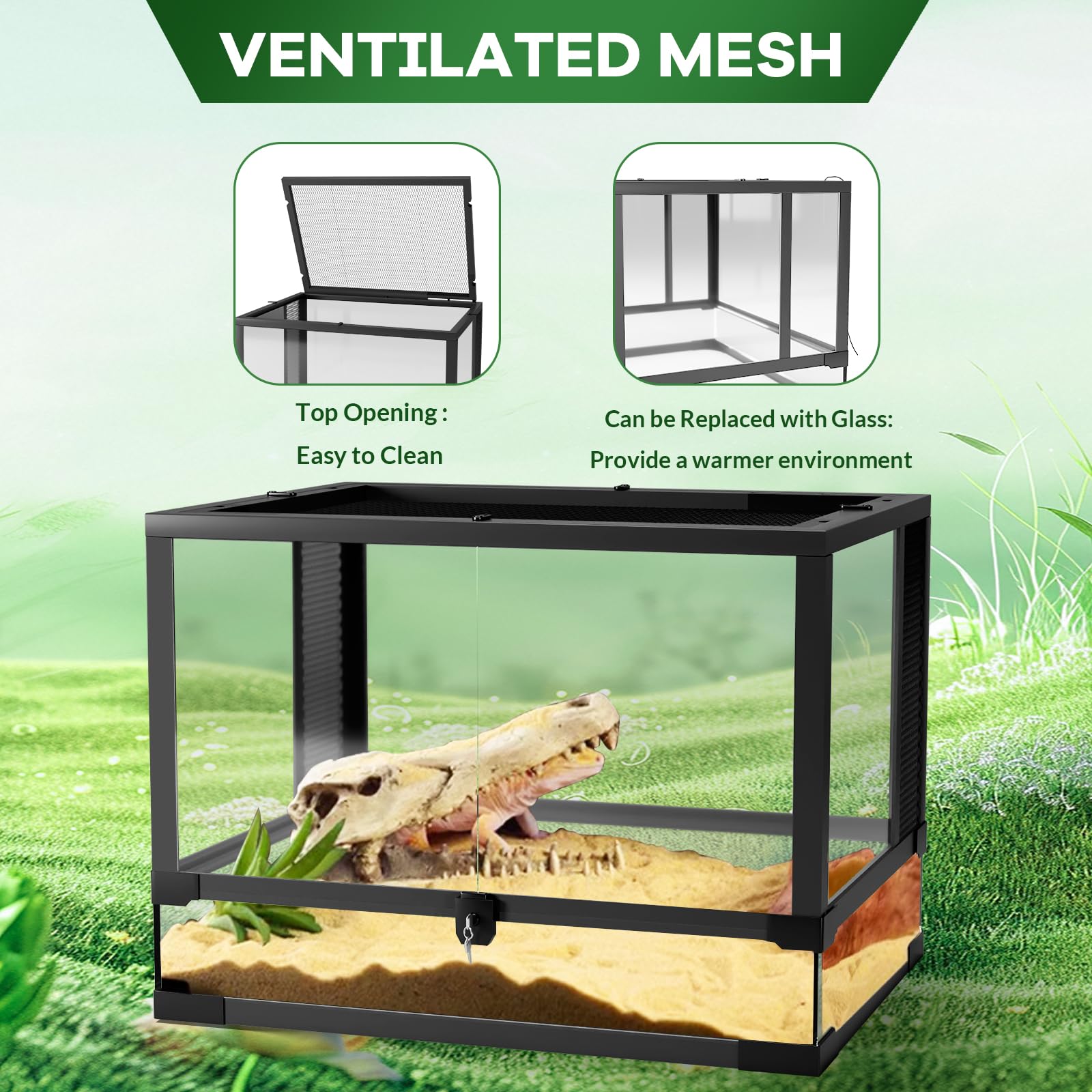 Terrario Horizontal para Reptiles de Vidrio y Aluminio 92x47x47cm con Cerradura, Puerta para Alimentación, Ventilación y Vista a 360° para Serpientes, Lagartos y Tortugas