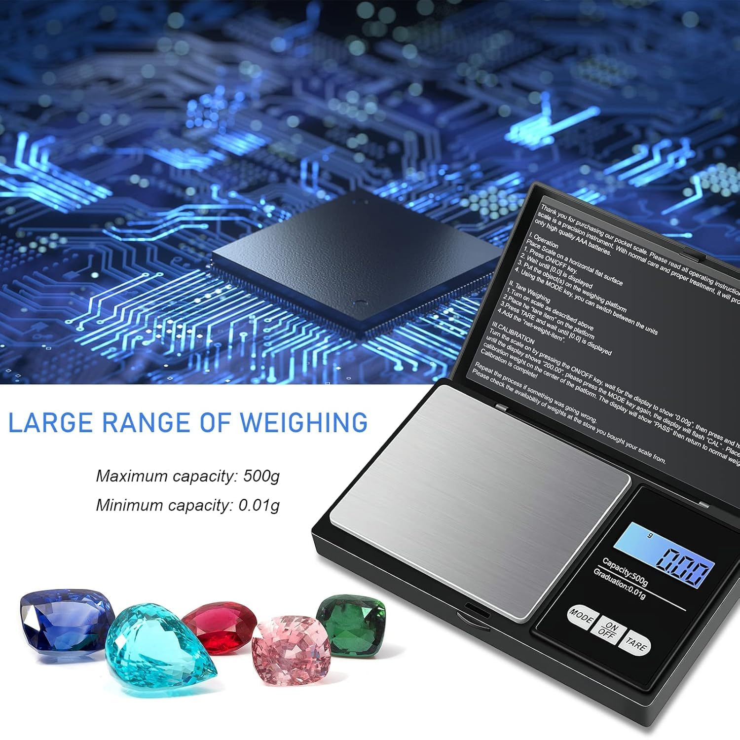 Báscula de Precisión 500g / 0.01g,Balanzas de Portátiles, Báscula de Joyería,con Pantalla LCD y 7 Unidades, Función de Tara,Plataforma de Acero Inoxidable — view 2