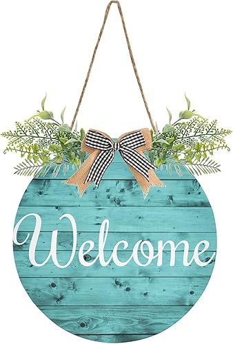 Letrero de bienvenida turquesa verde azulado para decoración de puerta delantera, letrero de corona de bienvenida con lazo colgante de porche para