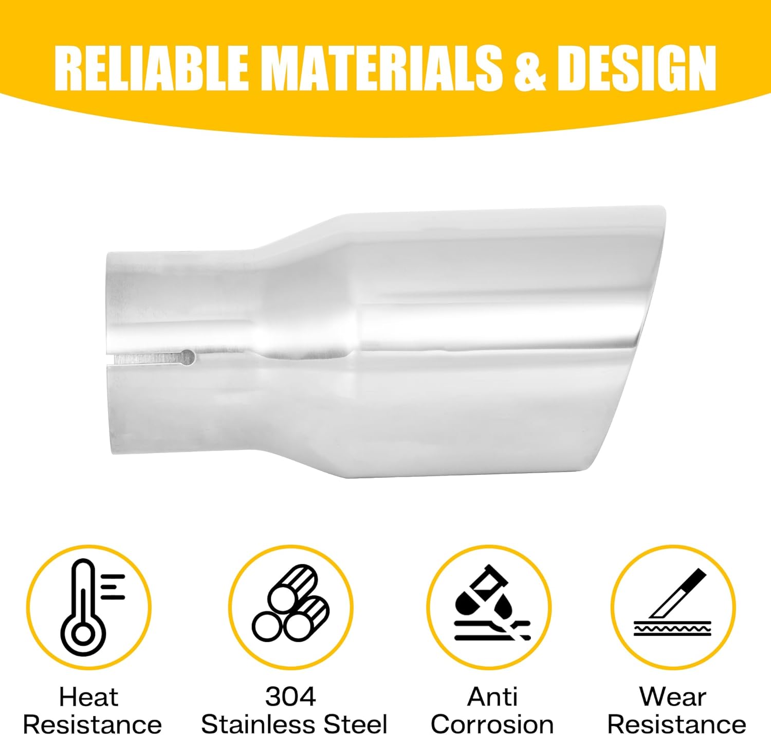 304 Stainless Steel Car Exhaust Tip, 2.5" Inlet, 4" Outlet, 9" Overall Length, Polished Dual-Layer Slant Cut Design, Clamp-On for 2.5-Inch Outside Diameter Tailpipe