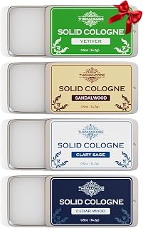 Solid Cologne for Men, Stocking Stuffers, Gifts for Men, Sandalwood, Vetiver, Cedarwood, Sage Scents, 4 Pack