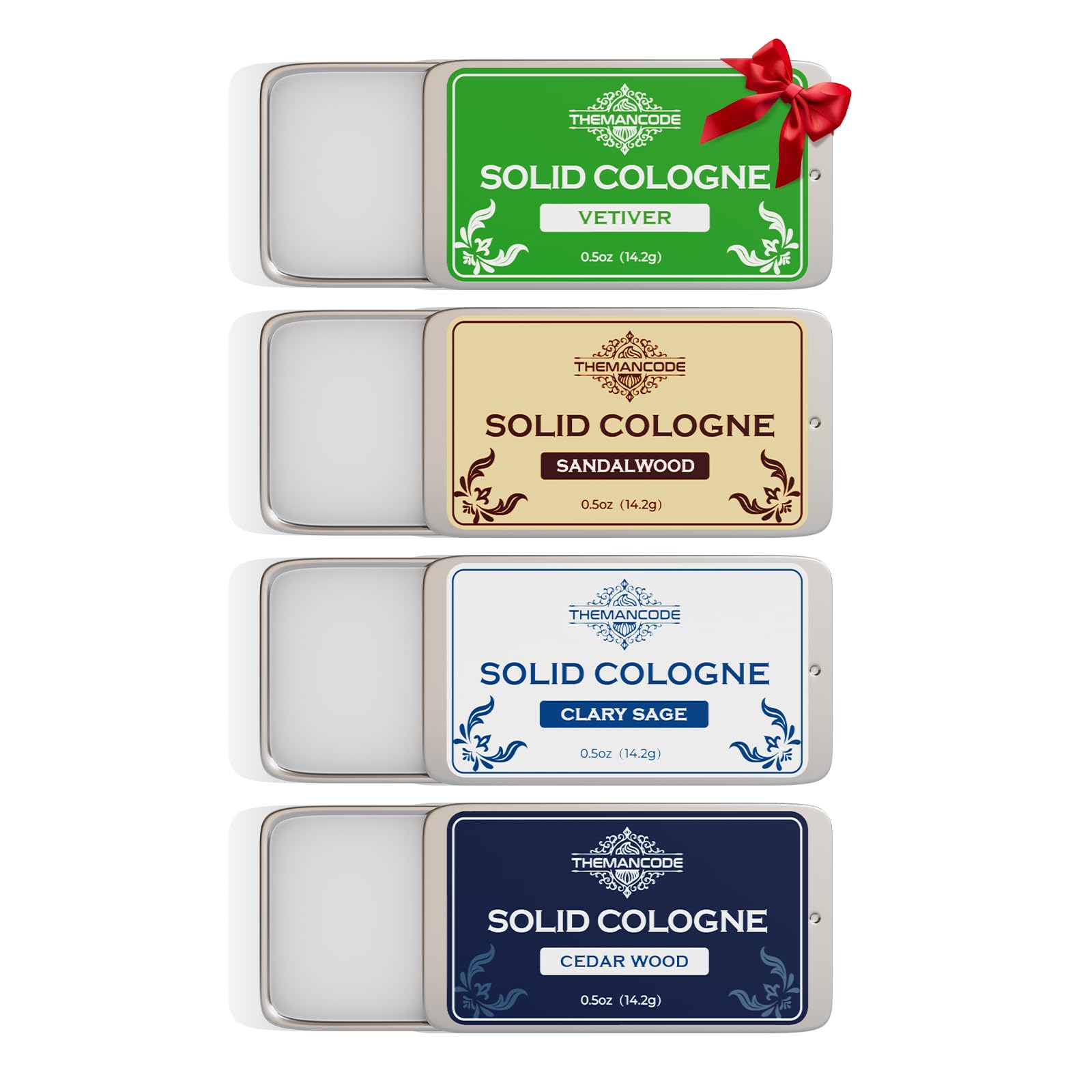 THEMANCODE Solid Cologne Men, Valentines Day Gift for Him, Christmas Stocking Stuffers, Travel Essentials Sandalwood, Vetiver, Cedarwood, Sage Scents, 0.5 oz Each, Pack of 4
