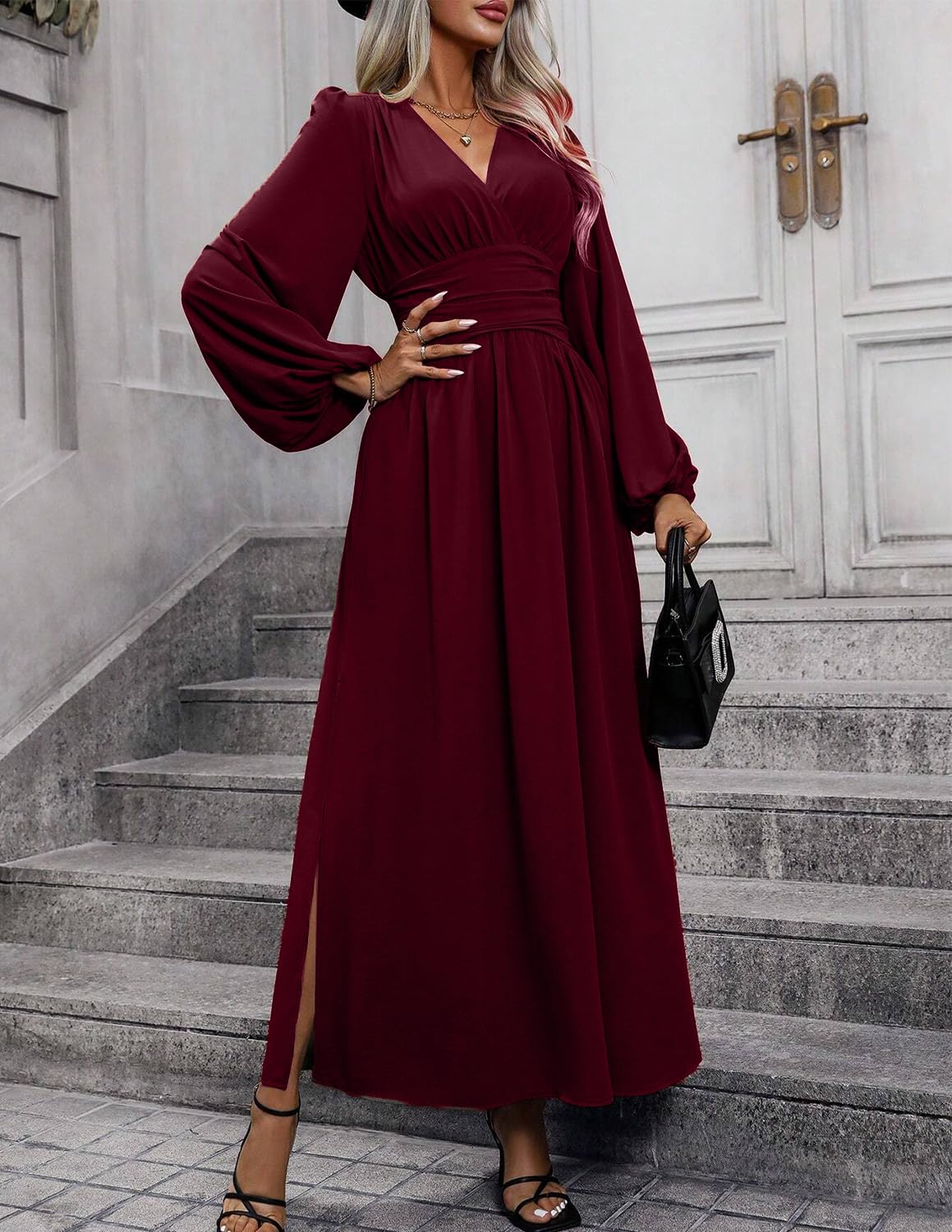 Sukienki damskie 3.0 V Neck Elegancki Długi rękaw Maxi Elastic Casual Sukienka Jesień i Zima