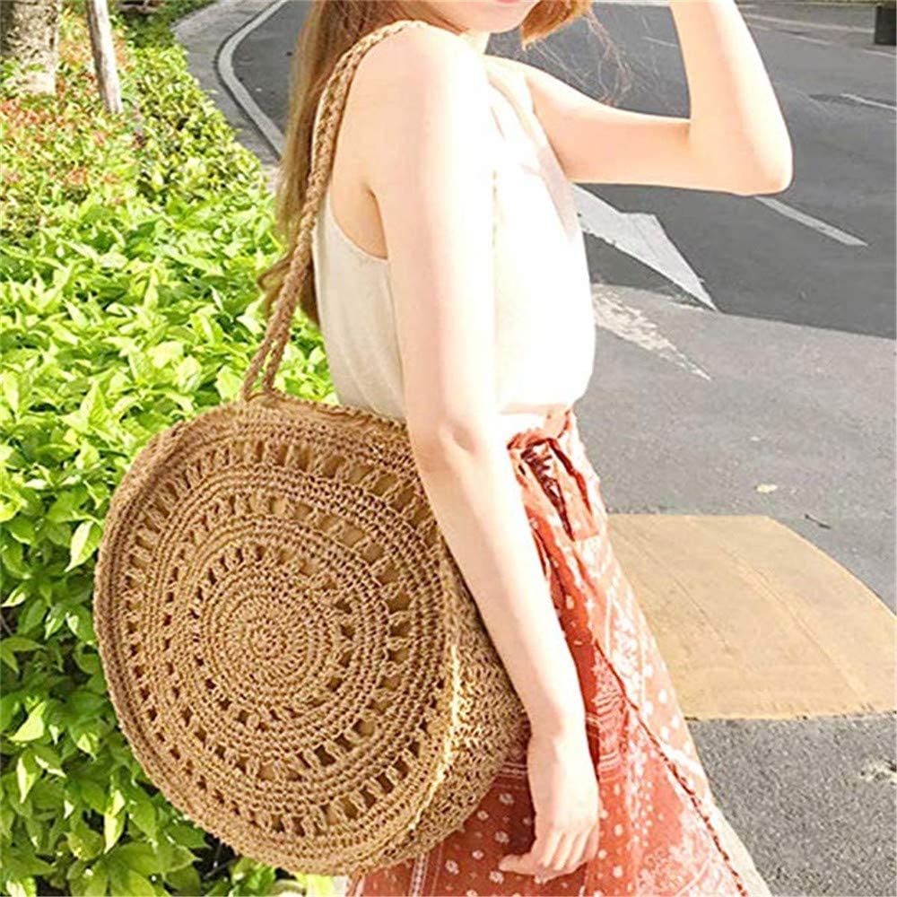 RajoNN Strohtasche, modische Damen-Handtasche, gewebt, rund, Rattan-Stroh, Umhängetasche für Strand, Reisen und den täglichen Gebrauch (Kaffee) (Kaffee)