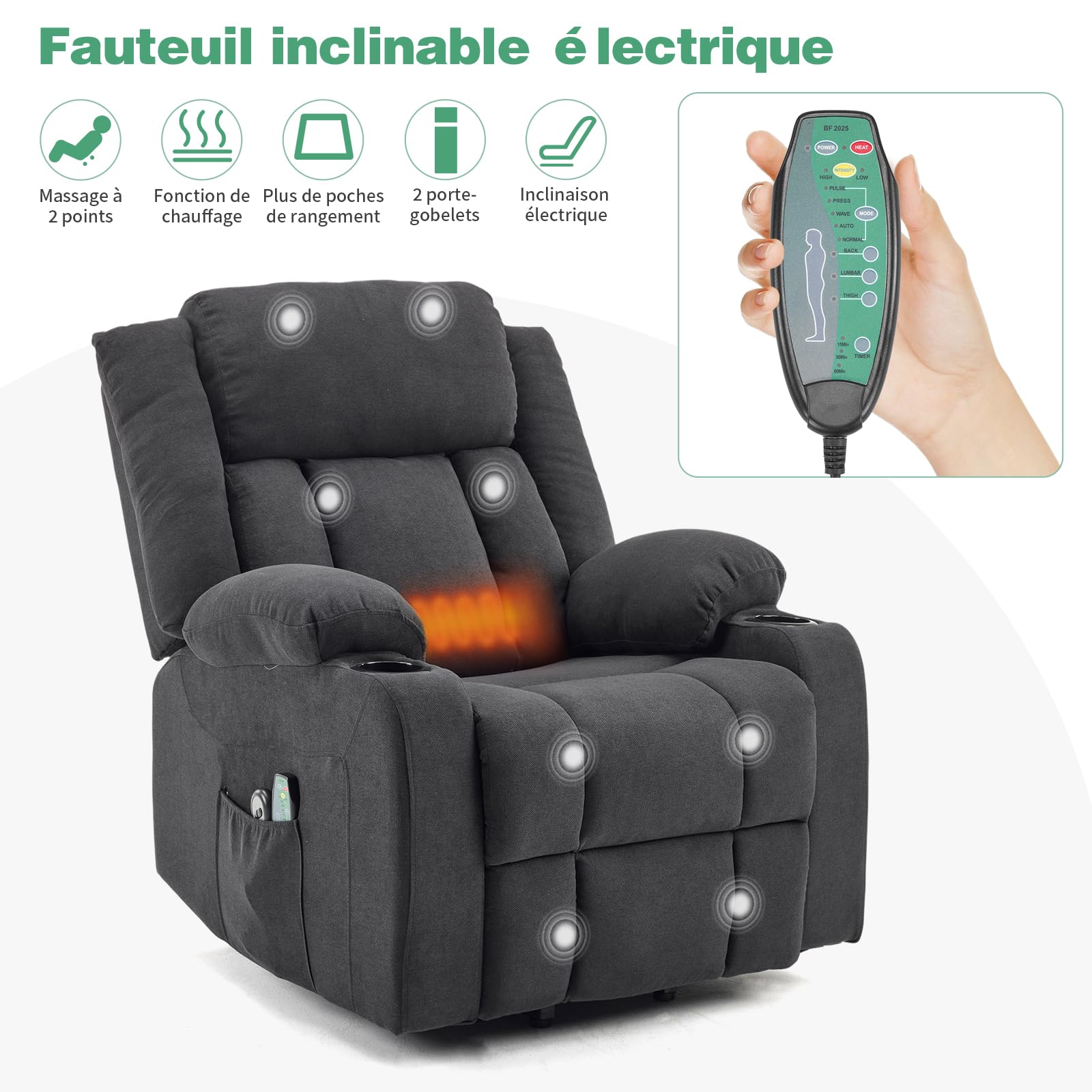 LEADZM Sillón elevador eléctrico relax con función de masaje y calor | inclinación ajustable y reposapiés, mando a distancia incluido, Schwarz