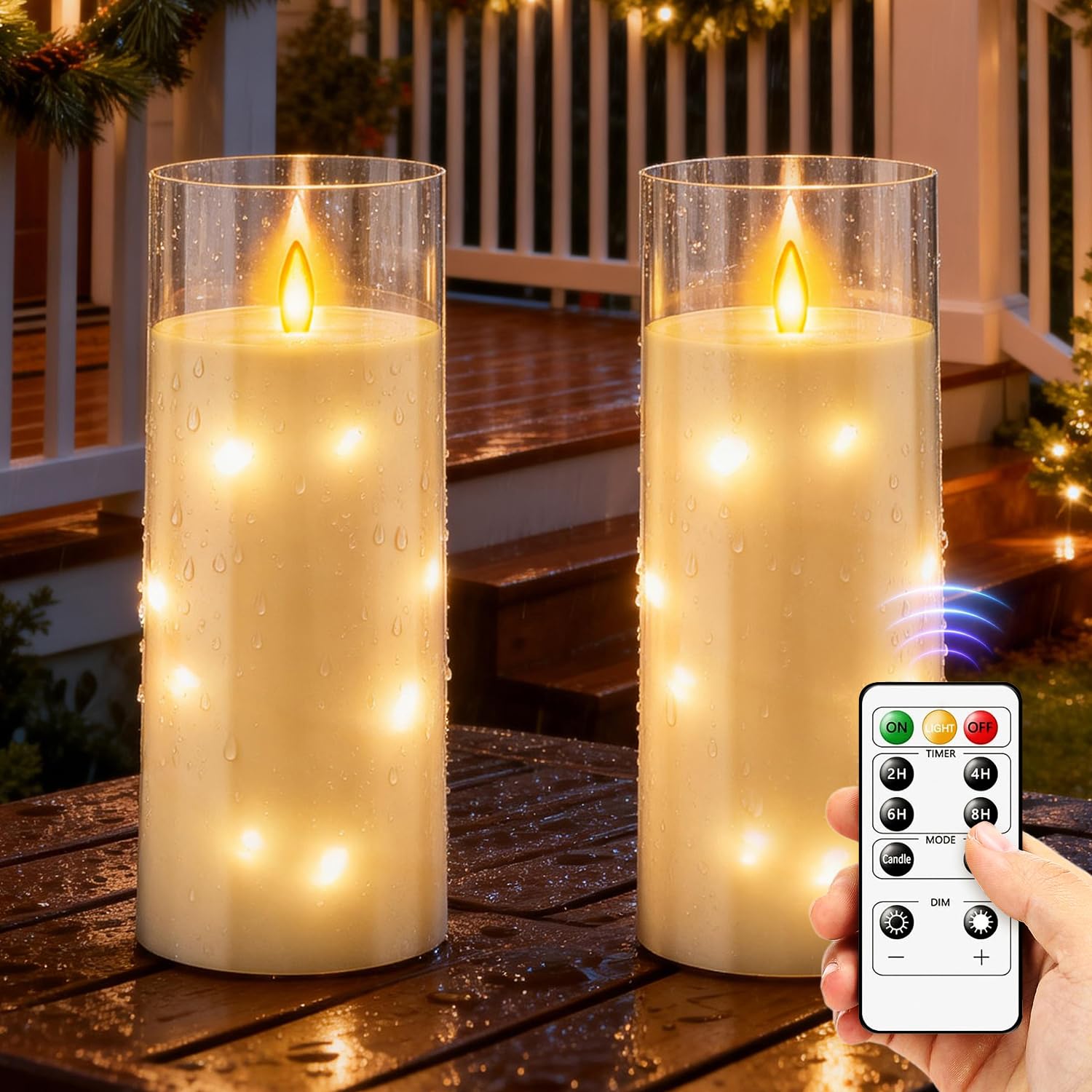 FlyQintess 2 Pack 28 x 10cm Large Outdoor Waterproof Flameless LED Candles with Remote and Timer, Acrylic Pillar Candles Battery Operated with Embedded Star String, for Indoor, Outdoor, Festival Decor