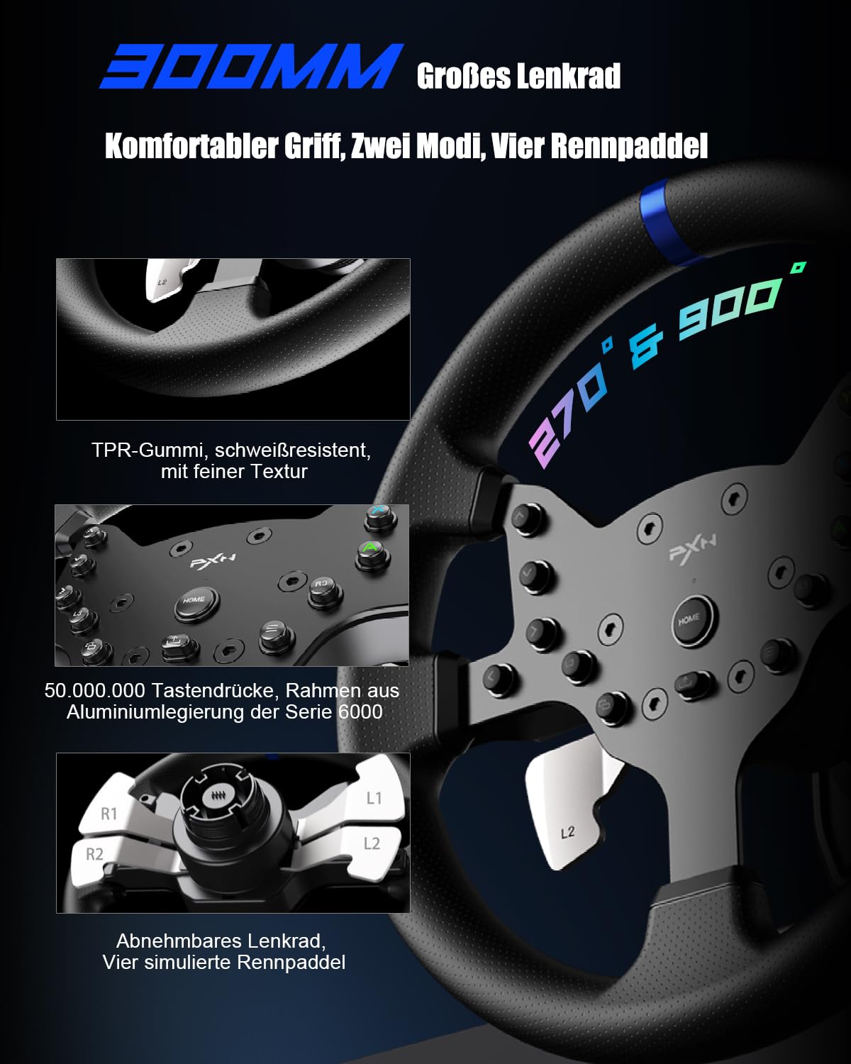 PXN V99 Gaming Lenkrad mit Pedalen und Schalthebel – 3,2 Nm Force-Feedback, 270° & 900°, 11,8-Zoll, 4 Schaltwippen, Tools-App – Lenkrad für PC, Xbox und PS4