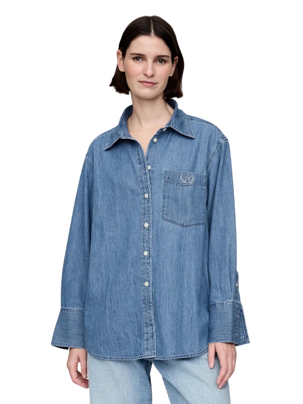 GAP Womens Embroidered Oversized Shirt Blue Chambray L
